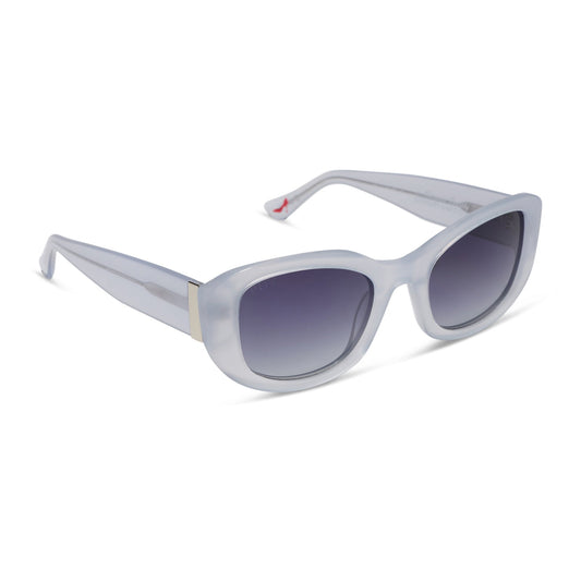 the devil wears prada x diff eyewear featuring the miranda square oversized sunglasses with a milky white acetate frame and grey gradient polarized lenses angled view