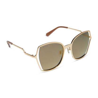 diff eyewear donna iii oversized square sunglasses with a gold metal frame and gold mirror polarized lenses angled view