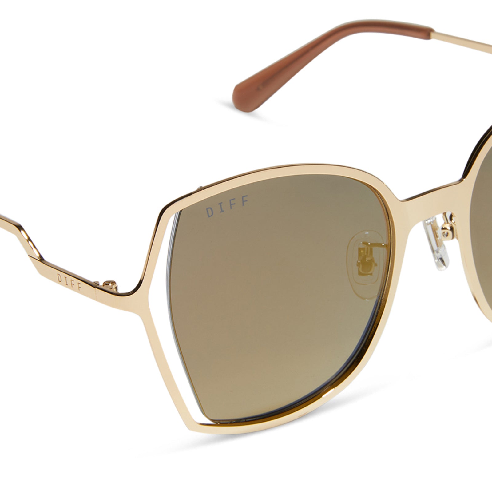 diff eyewear donna iii oversized square sunglasses with a gold metal frame and gold mirror polarized lenses detailed view