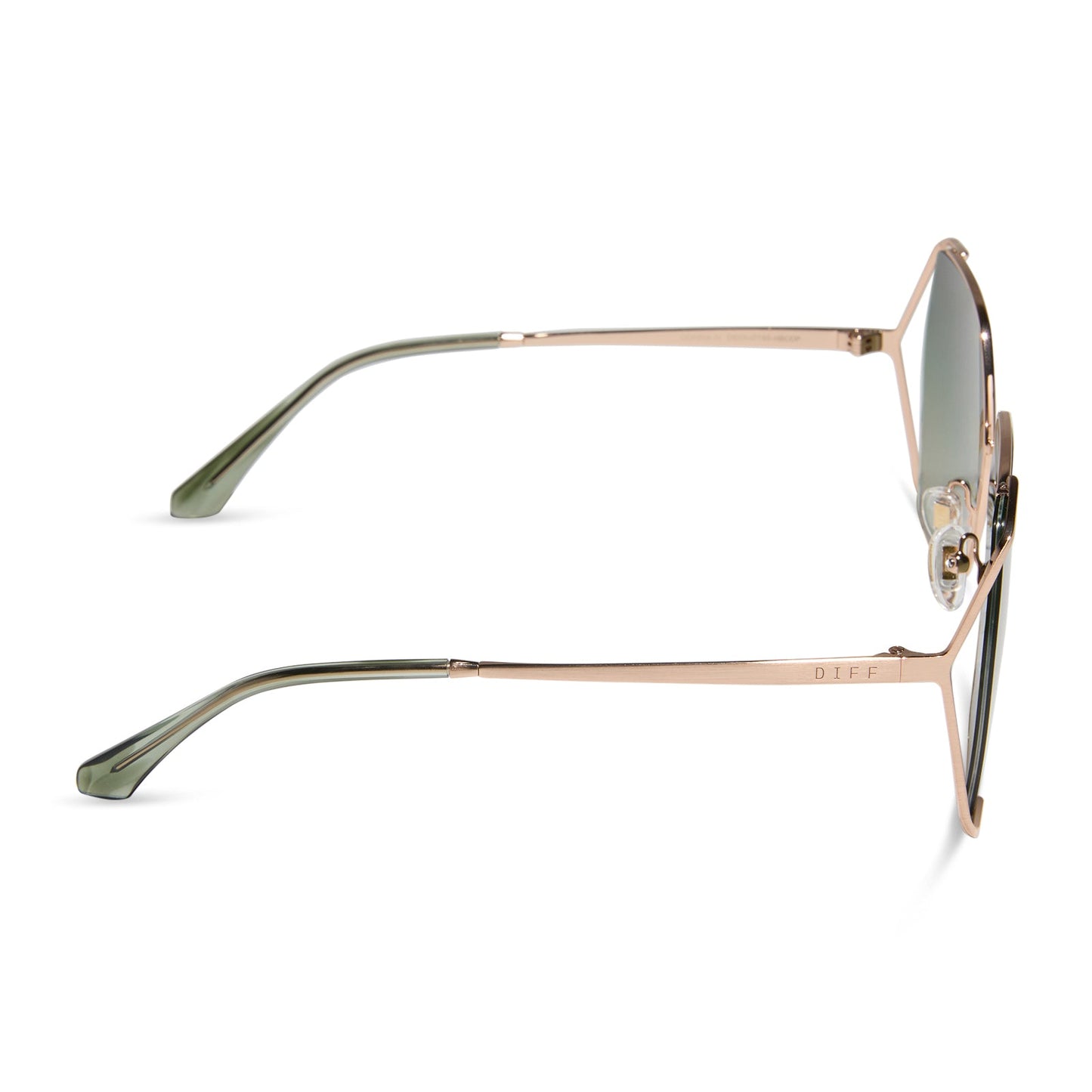 diff eyewear featuring the donna iv square sunglasses with a brushed champagne frame and cool matcha gradient polarized lenses side view