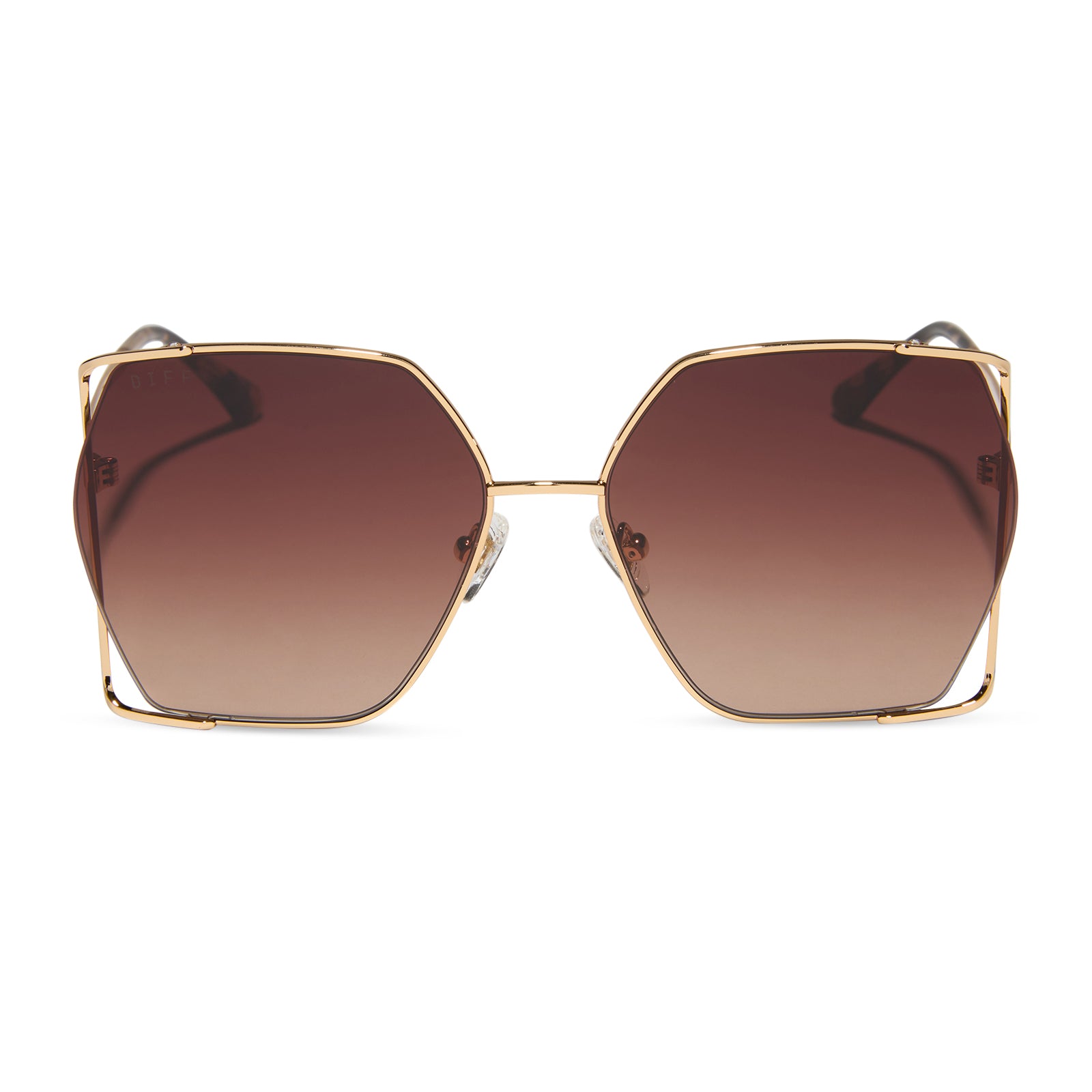 diff eyewear featuring the donna iv square sunglasses with a gold frame and brown gradient lenses front view