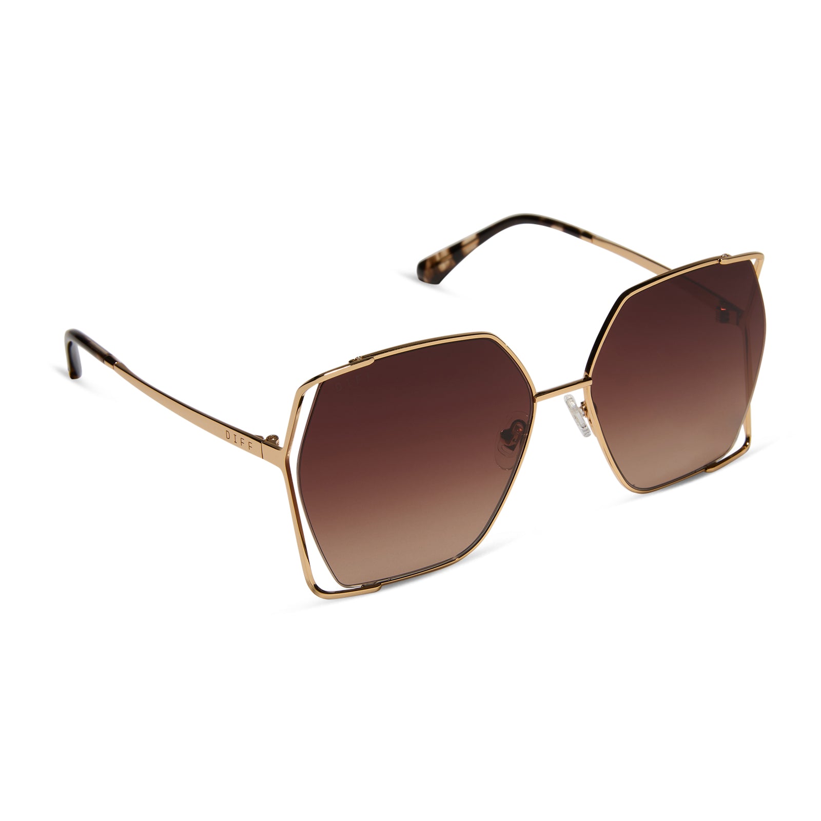 diff eyewear featuring the donna iv square sunglasses with a gold frame and brown gradient lenses angled view