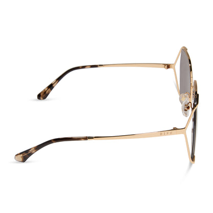 diff eyewear featuring the donna iv square sunglasses with a gold frame and brown gradient lenses side view