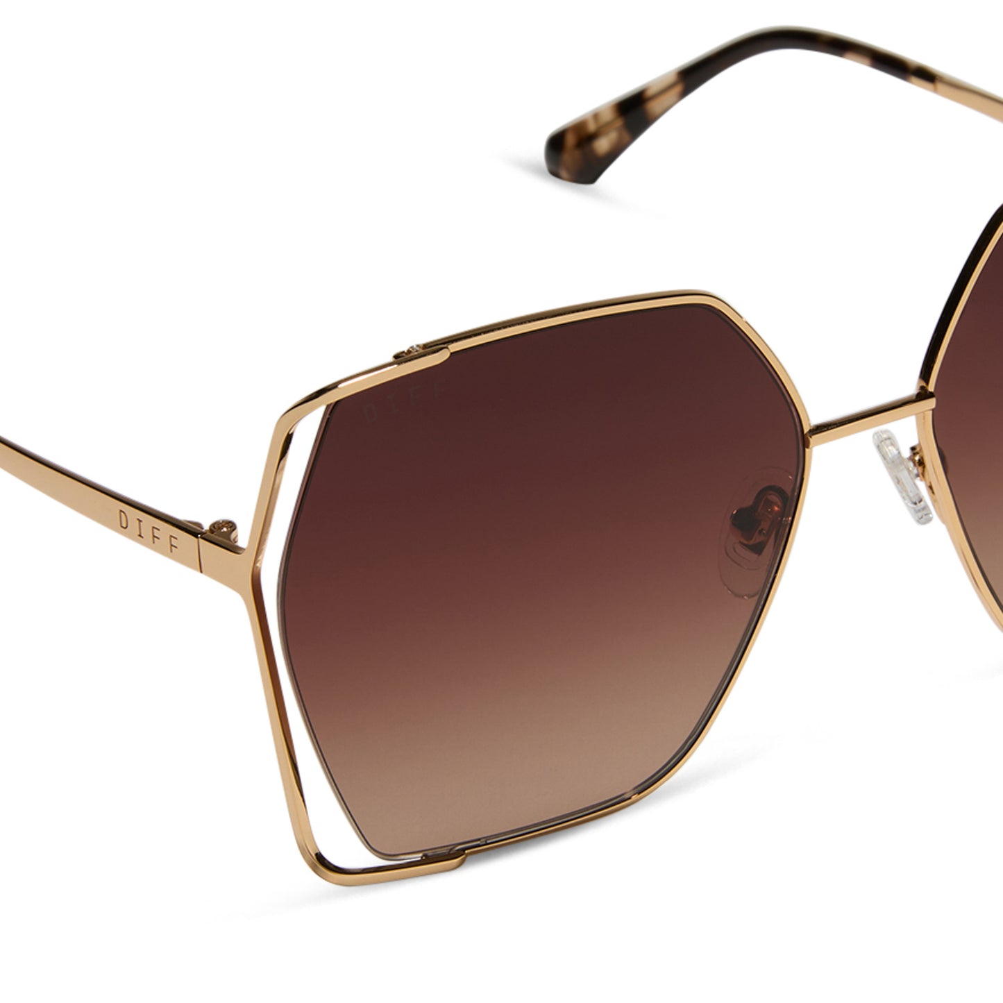 diff eyewear featuring the donna iv square sunglasses with a gold frame and brown gradient lenses detailed view