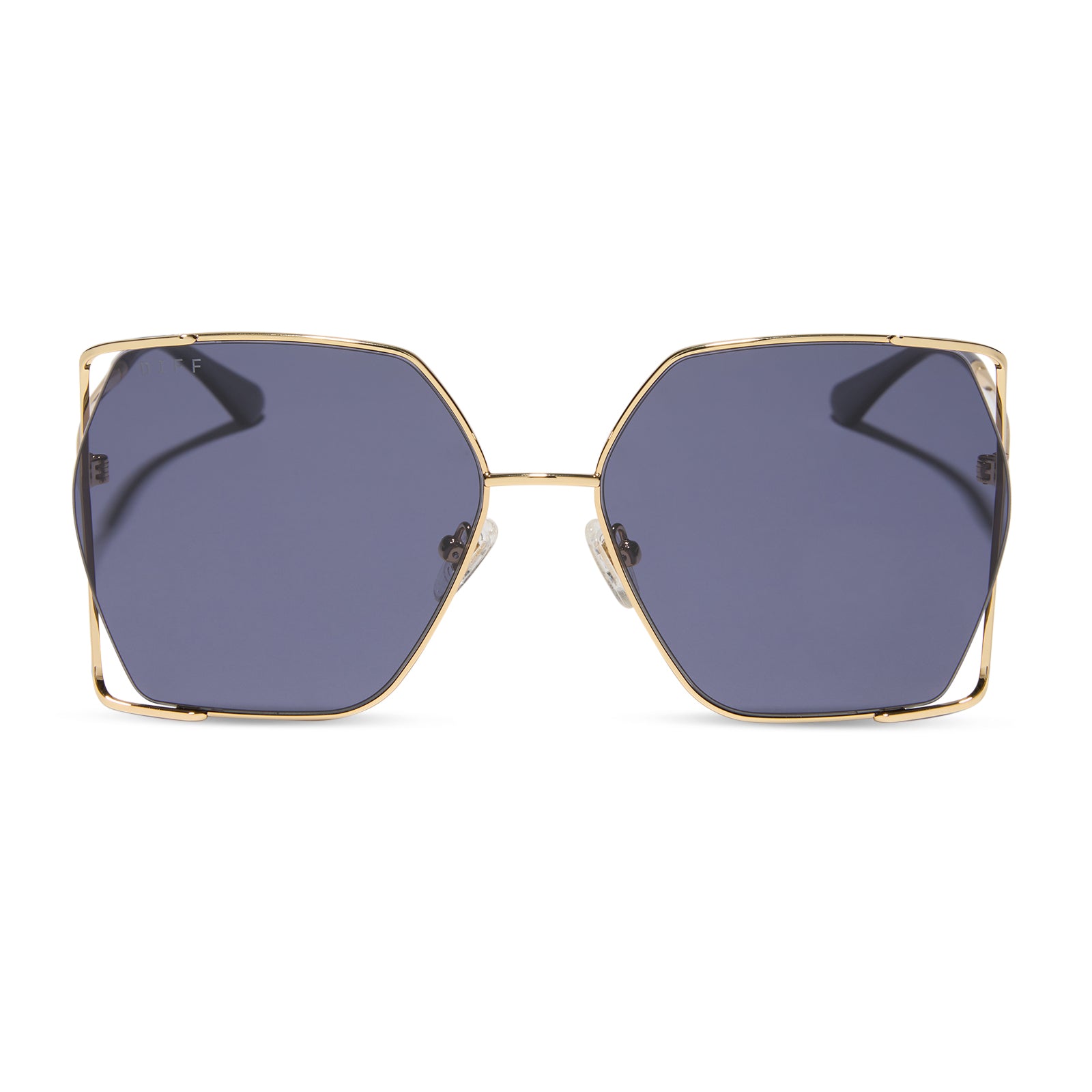 diff eyewear wholesale donna iv oversized square sunglasses with a gold frame and midnight blue purple lenses front view