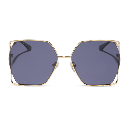 diff eyewear wholesale donna iv oversized square sunglasses with a gold frame and midnight blue purple lenses front view