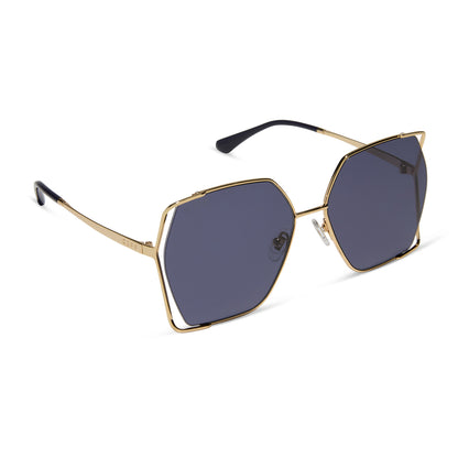 diff eyewear wholesale donna iv oversized square sunglasses with a gold frame and midnight blue purple lenses angled view