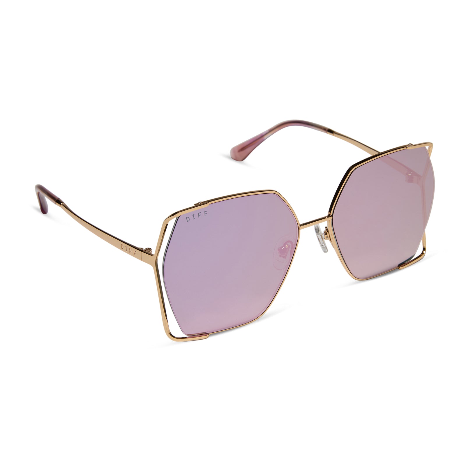 diff eyewear featuring the donna iv square sunglasses with a gold frame and taupe mirror lenses angled view