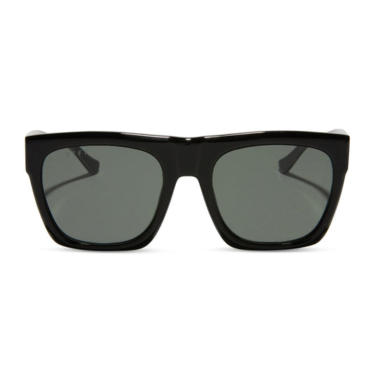 diff eyewear featuring the easton square sunglasses with a black frame and grey polarized lenses front view