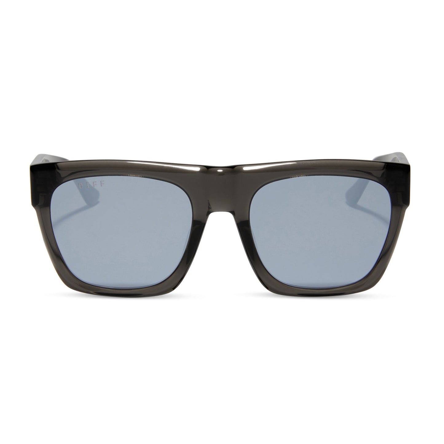 diff eyewear featuring the easton square sunglasses with a black smoke crystal frame and grey mirror lenses front view