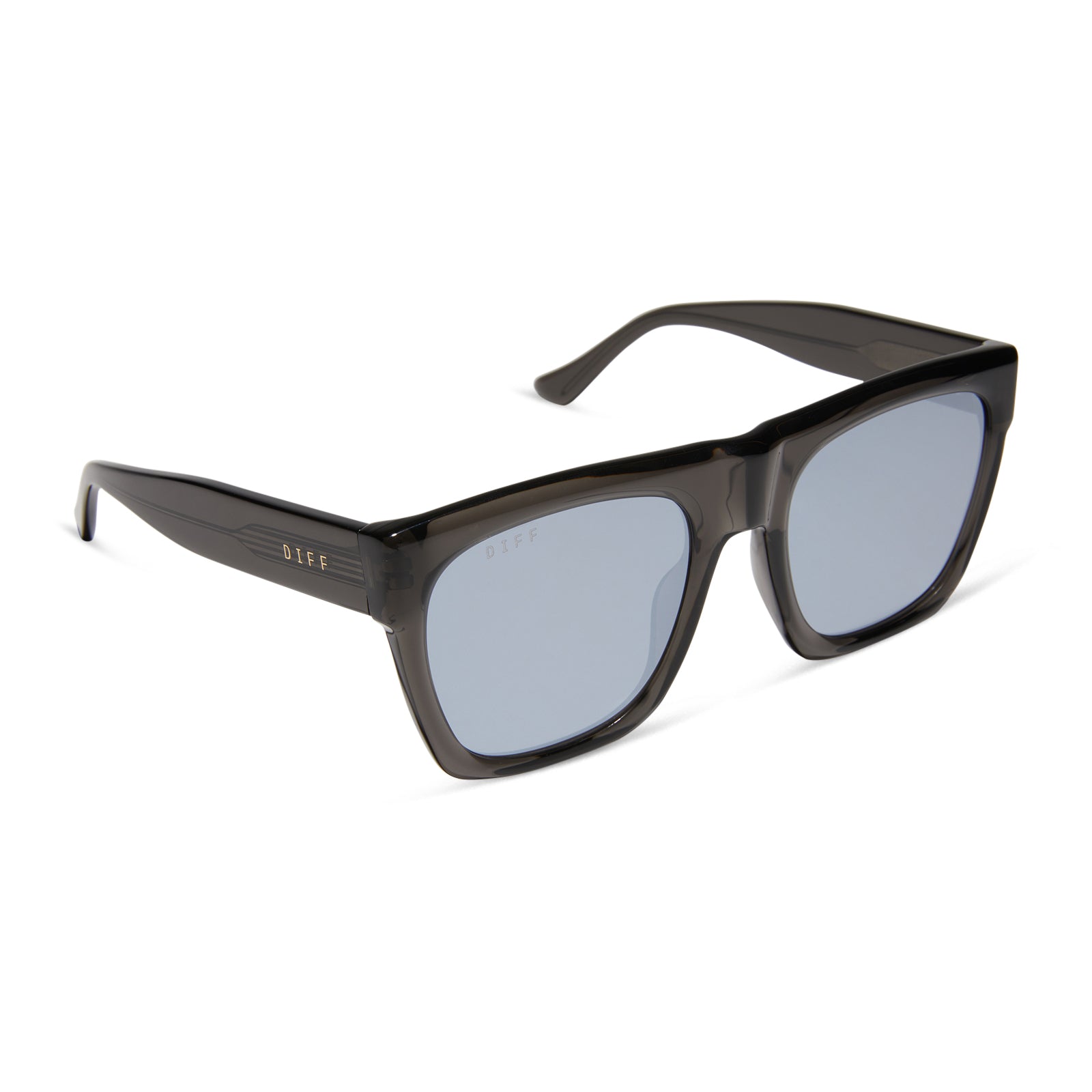 diff eyewear featuring the easton square sunglasses with a black smoke crystal frame and grey mirror lenses angled view