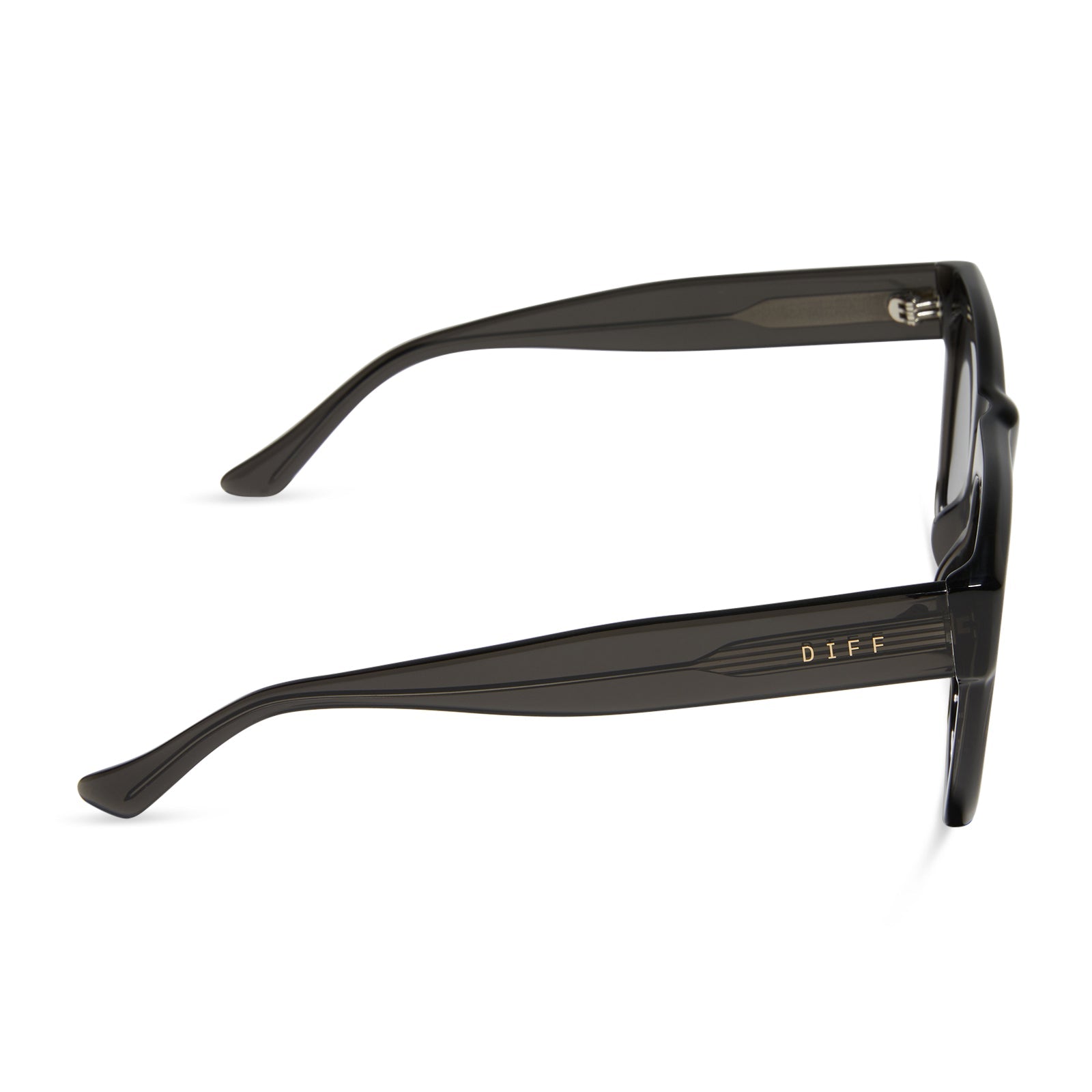 diff eyewear featuring the easton square sunglasses with a black smoke crystal frame and grey mirror lenses side view