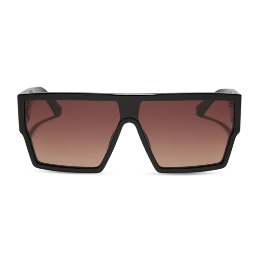 diff eyewear featuring the electra shield sunglasses with a black frame and brown gradient lenses front view