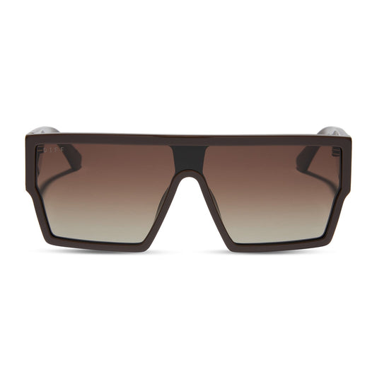 diff eyewear featuring the electra shield sunglasses with a truffle frame and truffle gradient lenses front view