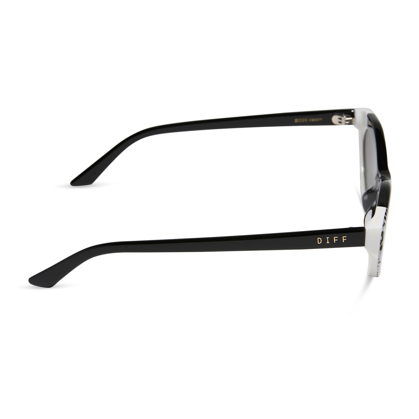 emily in paris x diff eyewear featuring the emily 2.0 cat eye sunglasses with a midnight polka dot frame and chic grey lenses side view