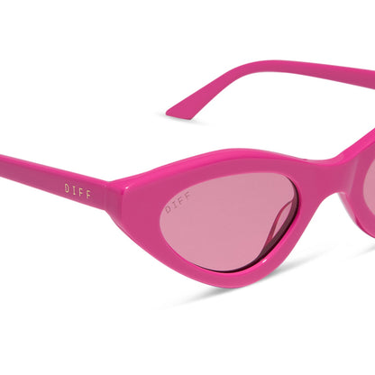 emily in paris x diff eyewear featuring the emily 2.0 cateye sunglasses with a parisian pink frame and maracon pink lenses detailed view