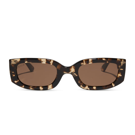 emily in paris x diff eyewear featuring the julien 2.0 rectangle sunglasses with a classic tortoise frame and warm brown lenses front view