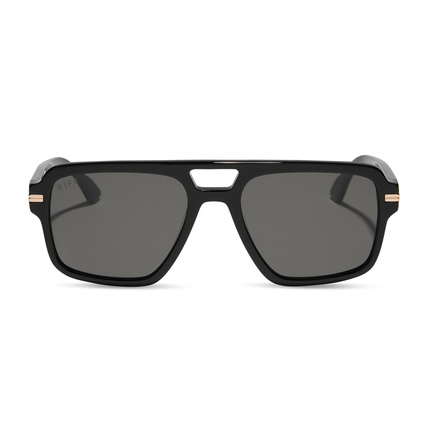 emily in paris x diff eyewear featuring the julien navigator sunglasses with a jet noir black frame and smoke black lenses front view