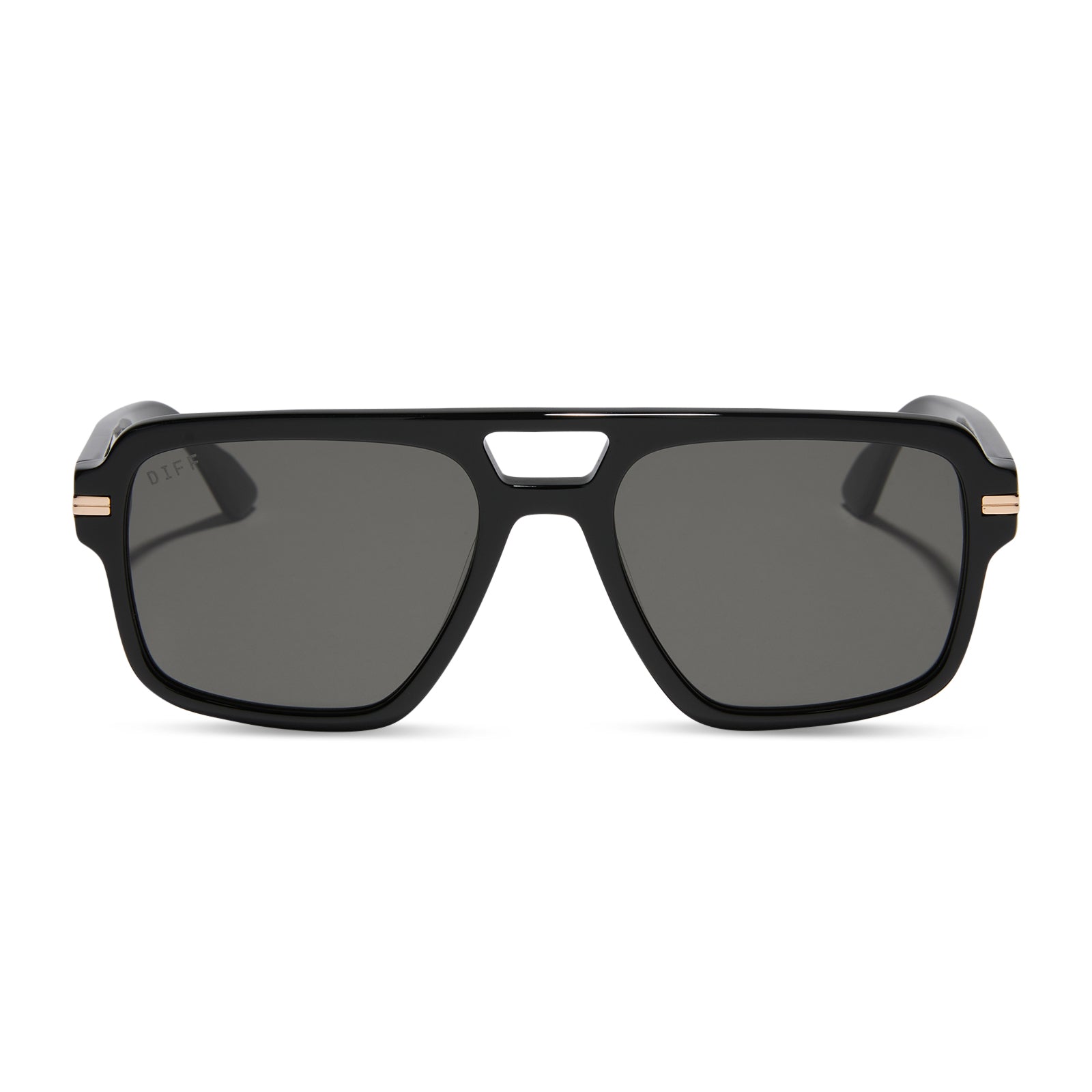 emily in paris x diff eyewear featuring the julien navigator sunglasses with a jet noir black frame and smoke black lenses front view