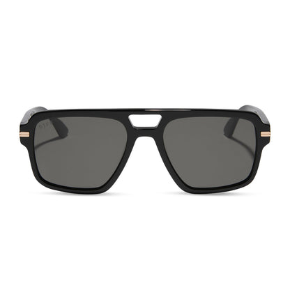 emily in paris x diff eyewear featuring the julien navigator sunglasses with a jet noir black frame and smoke black lenses front view