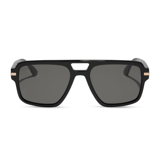 emily in paris x diff eyewear featuring the julien navigator sunglasses with a jet noir black frame and smoke black lenses front view