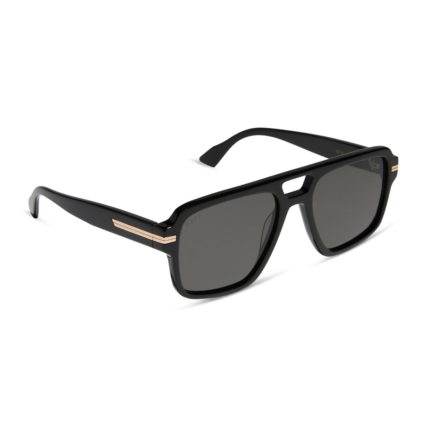 emily in paris x diff eyewear featuring the julien navigator sunglasses with a jet noir black frame and smoke black lenses angled view