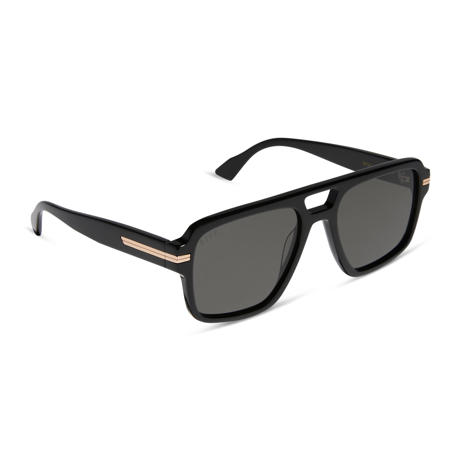 emily in paris x diff eyewear featuring the julien navigator sunglasses with a jet noir black frame and smoke black lenses angled view