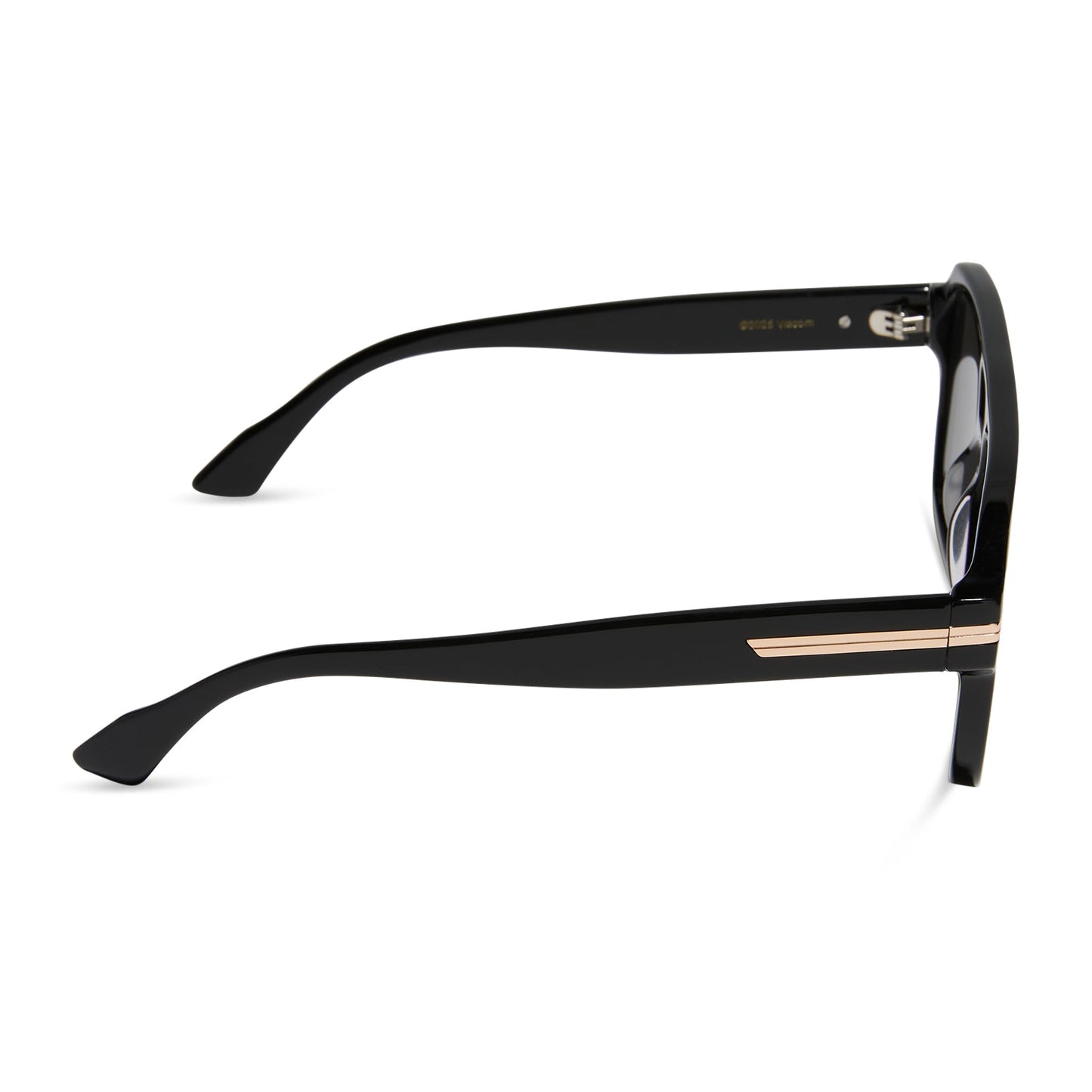 emily in paris x diff eyewear featuring the julien navigator sunglasses with a jet noir black frame and smoke black lenses side view