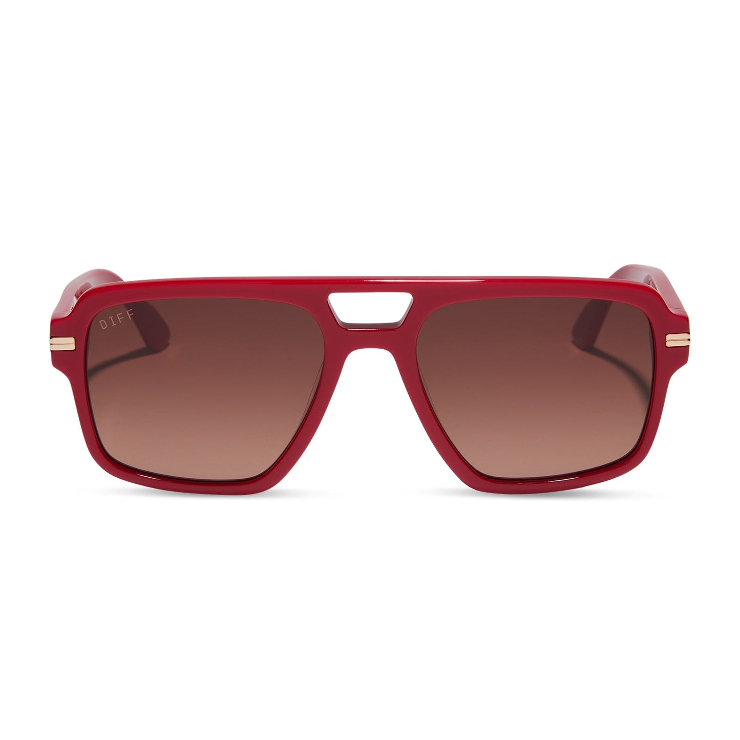 emily in paris x diff eyewear featuring the julien navigator sunglasses with a rouge vogue red frame and warm brown gradient lenses front view