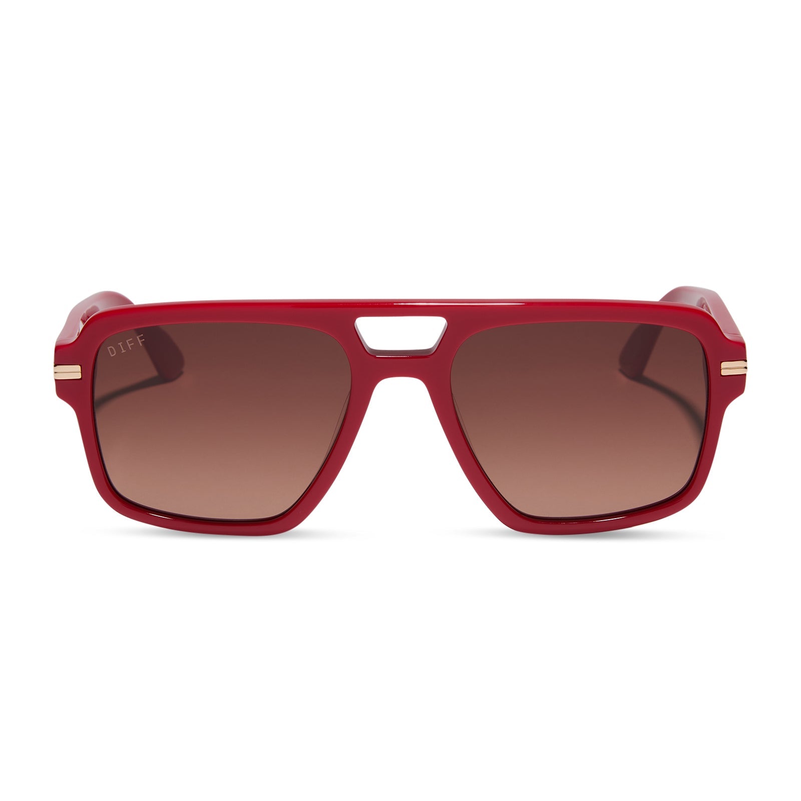 emily in paris x diff eyewear featuring the julien navigator sunglasses with a rouge vogue red frame and warm brown gradient lenses front view