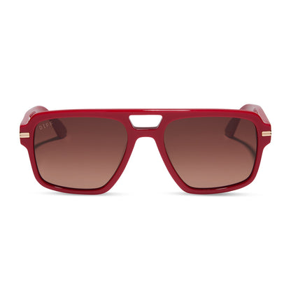 emily in paris x diff eyewear featuring the julien navigator sunglasses with a rouge vogue red frame and warm brown gradient lenses front view