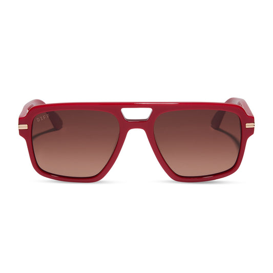 emily in paris x diff eyewear featuring the julien navigator sunglasses with a rouge vogue red frame and warm brown gradient lenses front view