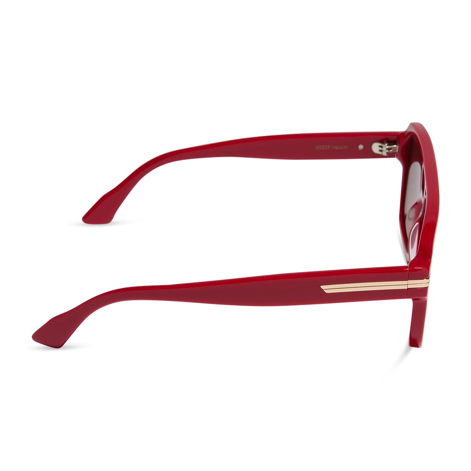 emily in paris x diff eyewear featuring the julien navigator sunglasses with a rouge vogue red frame and warm brown gradient lenses side view