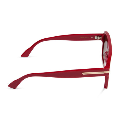 emily in paris x diff eyewear featuring the julien navigator sunglasses with a rouge vogue red frame and warm brown gradient lenses side view