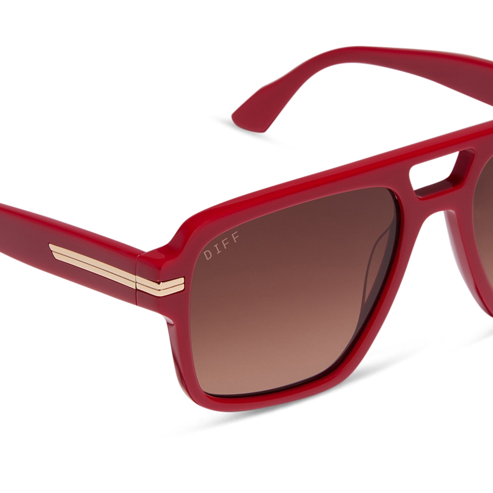 emily in paris x diff eyewear featuring the julien navigator sunglasses with a rouge vogue red frame and warm brown gradient lenses detailed view