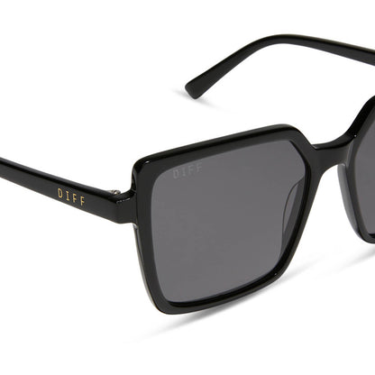 diff eyewear featuring the esme square sunglasses with a black frame and grey polarized lenses detailed view