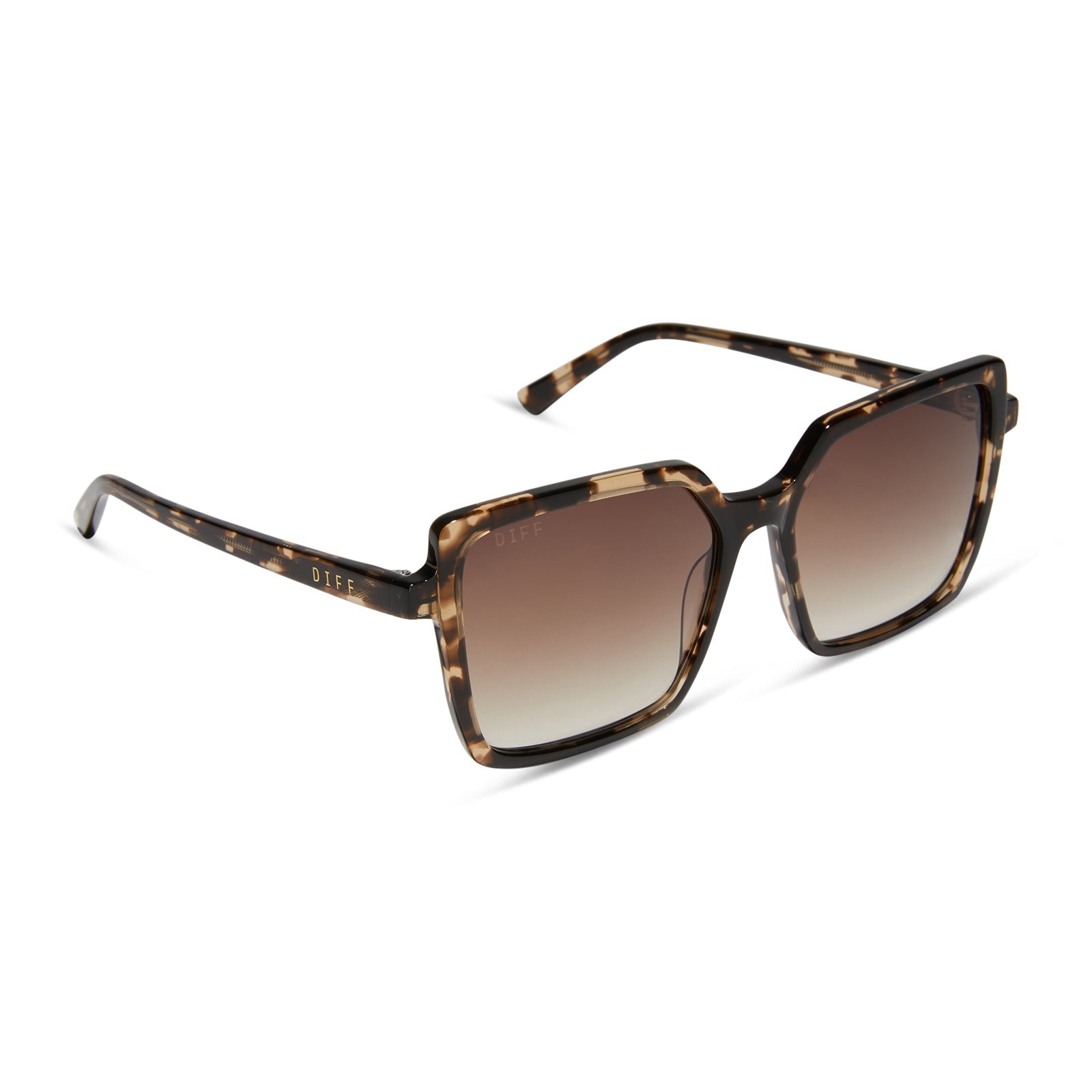 diff eyewear featuring the esme square sunglasses with a espresso tort frame and brown gradient lenses angled view