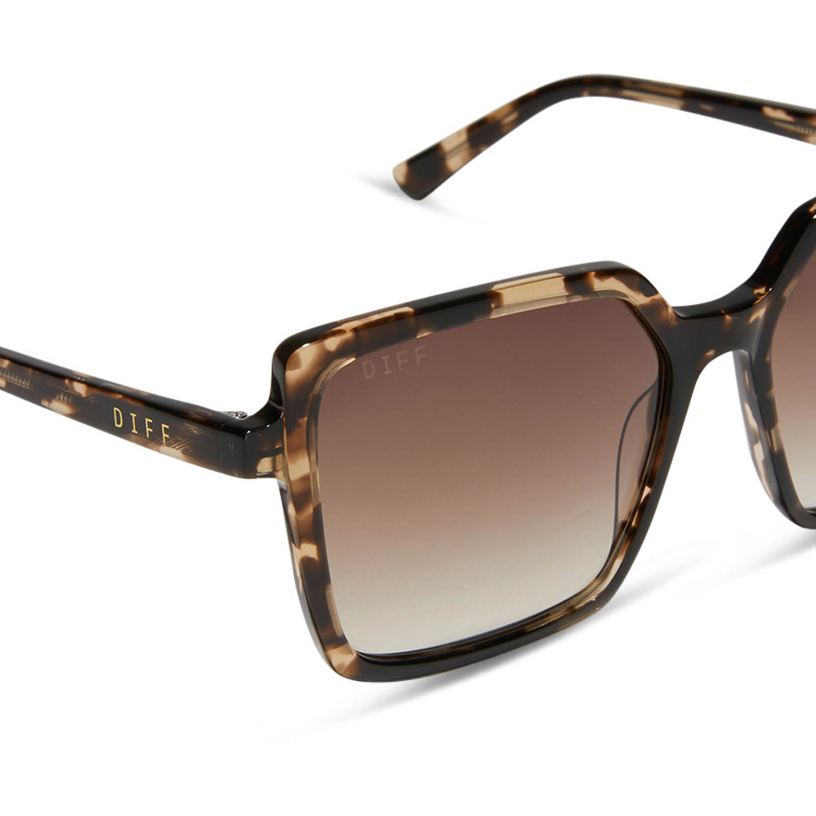 diff eyewear featuring the esme square sunglasses with a espresso tort frame and brown gradient lenses detailed view