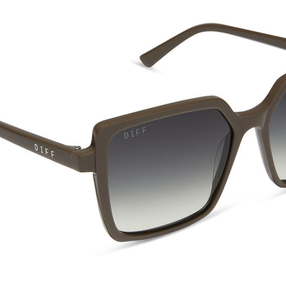 diff eyewear featuring the esme square sunglasses with a london stone frame and grey gradient lenses detailed view