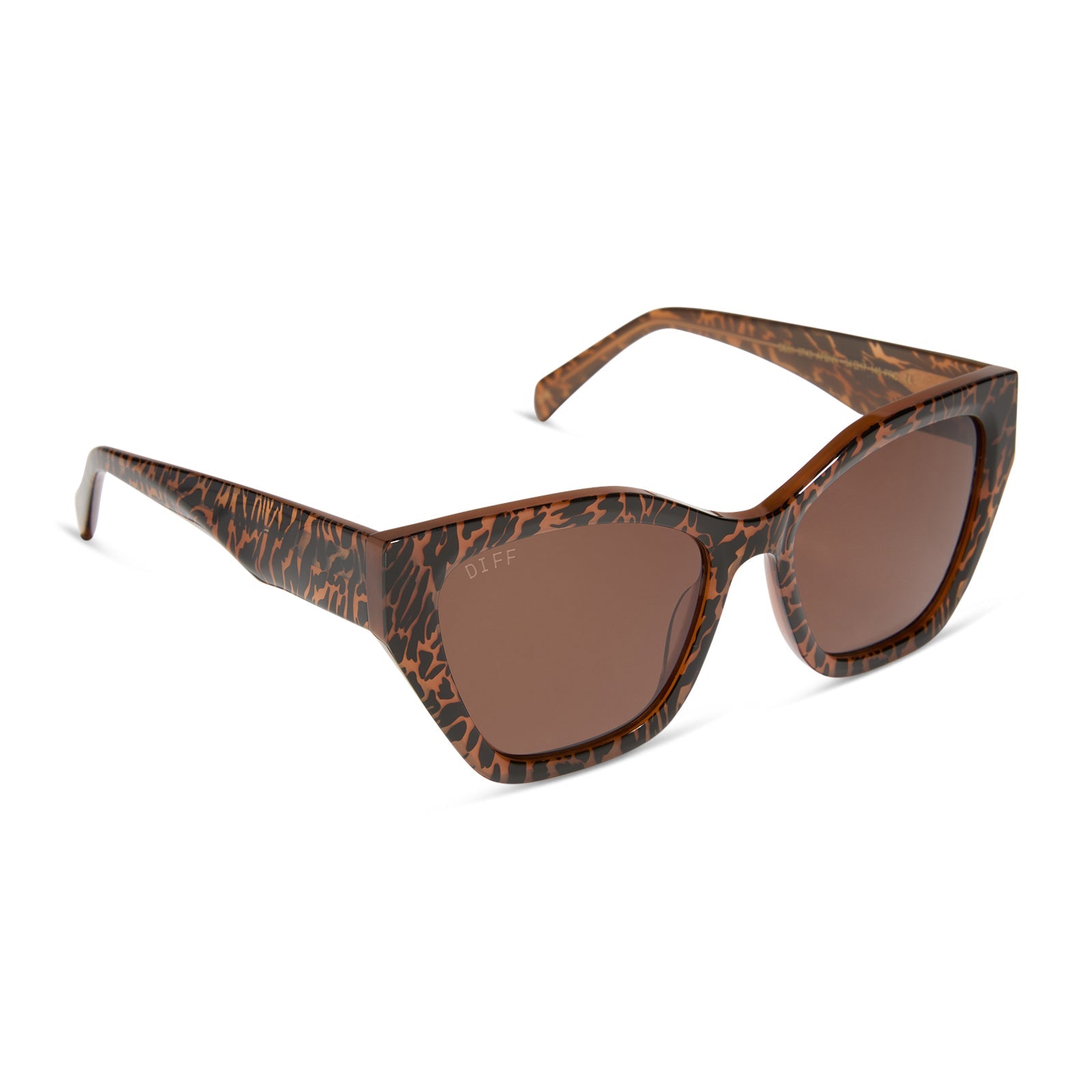 diff eyewear featuring the evie cat eye sunglasses with a animal print frame and brown lenses angled view