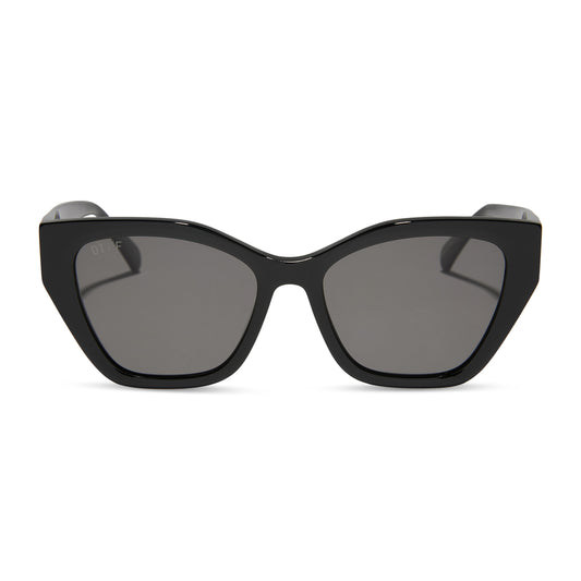 diff eyewear featuring the evie cat eye sunglasses with a black frame and grey polarized lenses front view