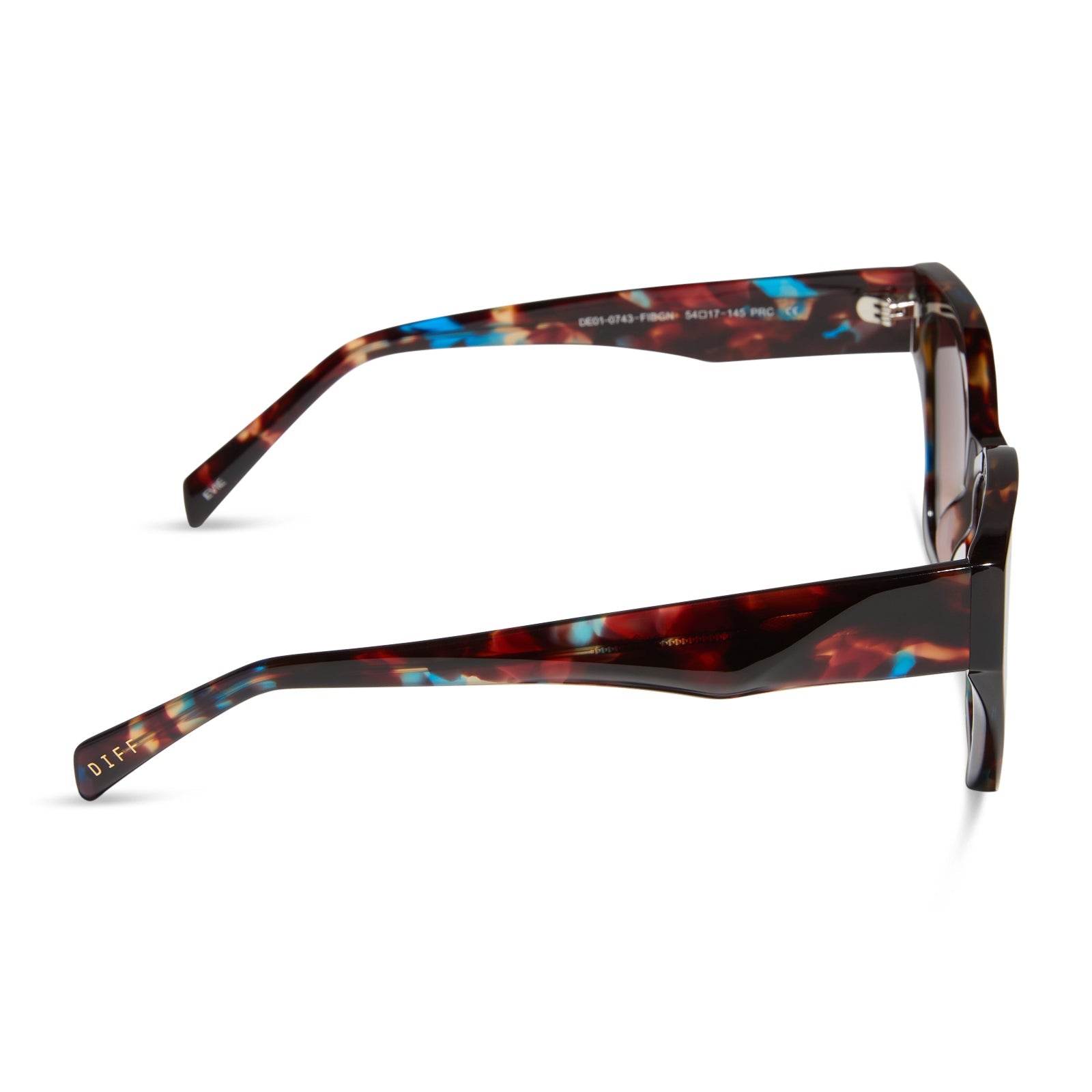 diff eyewear featuring the evie cat eye sunglasses with a confetti tortoise frame and brown gradient lenses side view