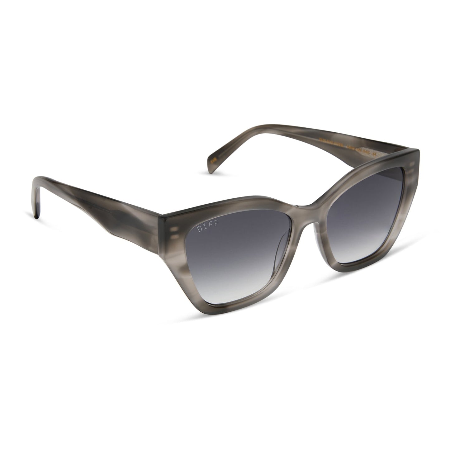 diff eyewear featuring the evie cat eye sunglasses with a smoke marble grey frame and grey gradient lenses angled view