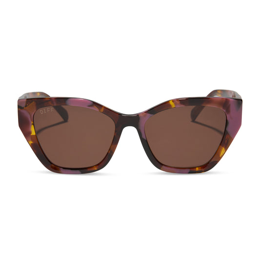diff eyewear featuring the evie cat eye sunglasses with a torino tortoise frame and brown lenses front view