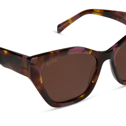 diff eyewear featuring the evie cat eye sunglasses with a torino tortoise frame and brown lenses detailed view