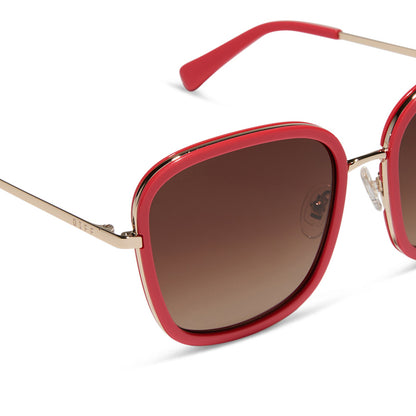 diff eyewear wholesale genevive square sunglasses with a sunset red frame and brown gradient lenses detailed view