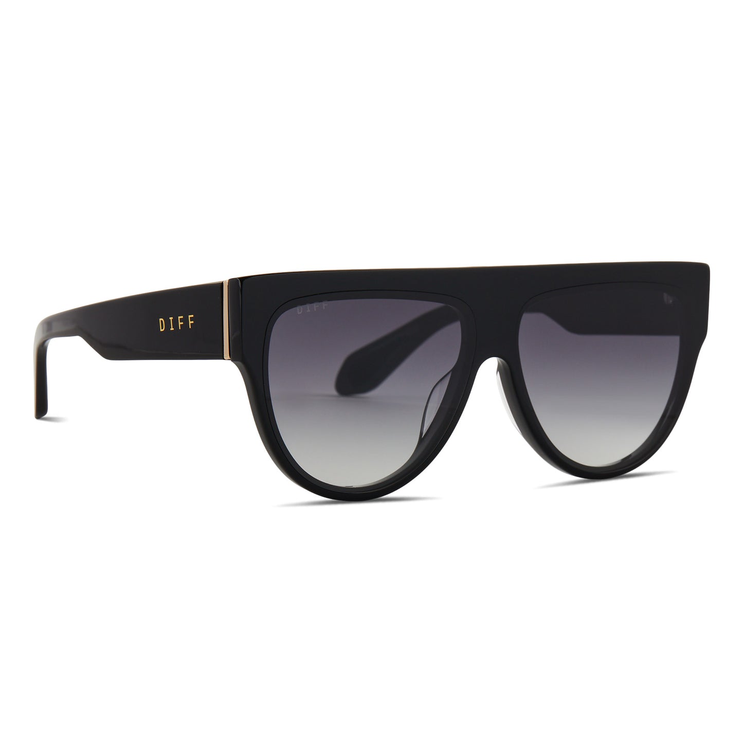 diff eyewear featuring the georgie square sunglasses with a black frame and grey gradient lenses angled view