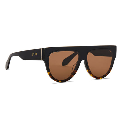 diff eyewear georgie square sunglasses with a black wild tortoise ombre frame and brown gradient lenses angled view