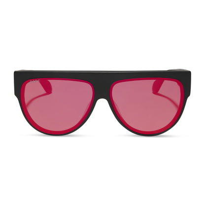 diff eyewear georgie square sunglasses with a matte black frame and red hot summer mirror front view