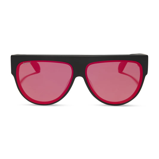 diff eyewear georgie square sunglasses with a matte black frame and red hot summer mirror front view